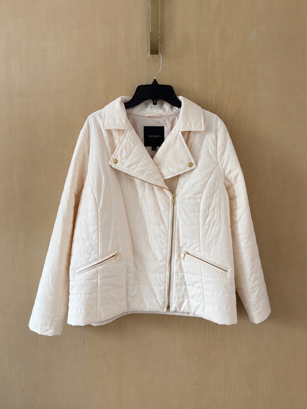 Talbots Plus 1X Ivory Cream Quilted Moto Jacket Gold Zip NWT - Picture 2 of 7